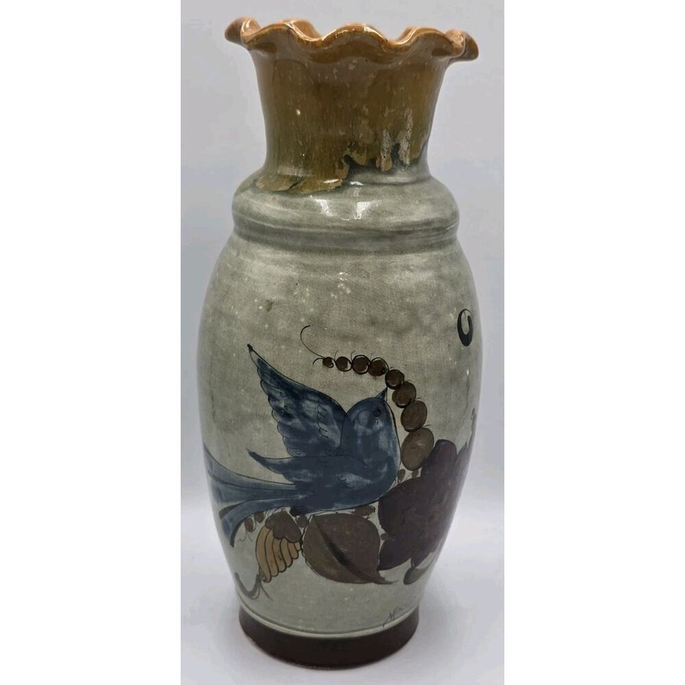 Tonala Bud Vase Handpainted Mexican Folk Art Pottery Bluebird Redbird 11"